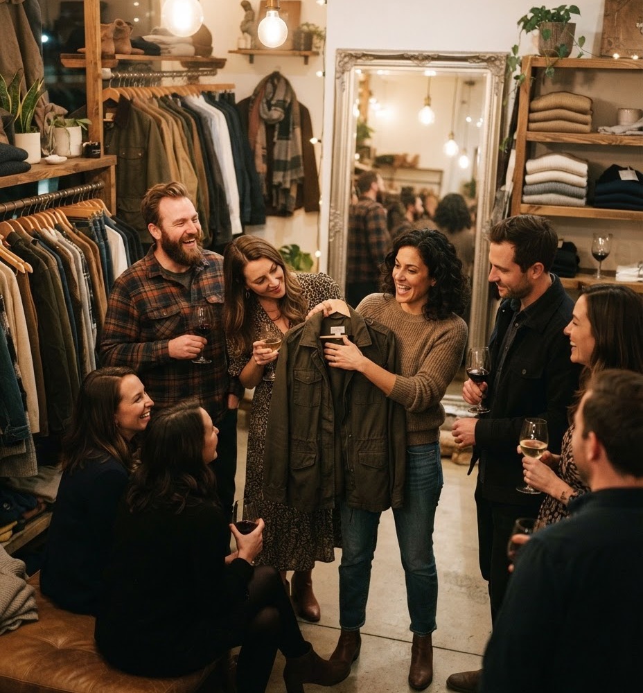 The owner of a small clothing shop showing neighbors a jacket, glasses of wine in hand