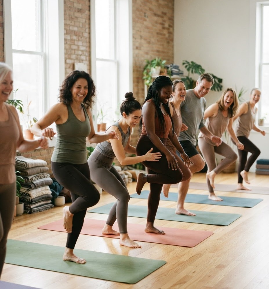 Neighbors laughing through a beginner class in a sunny studio